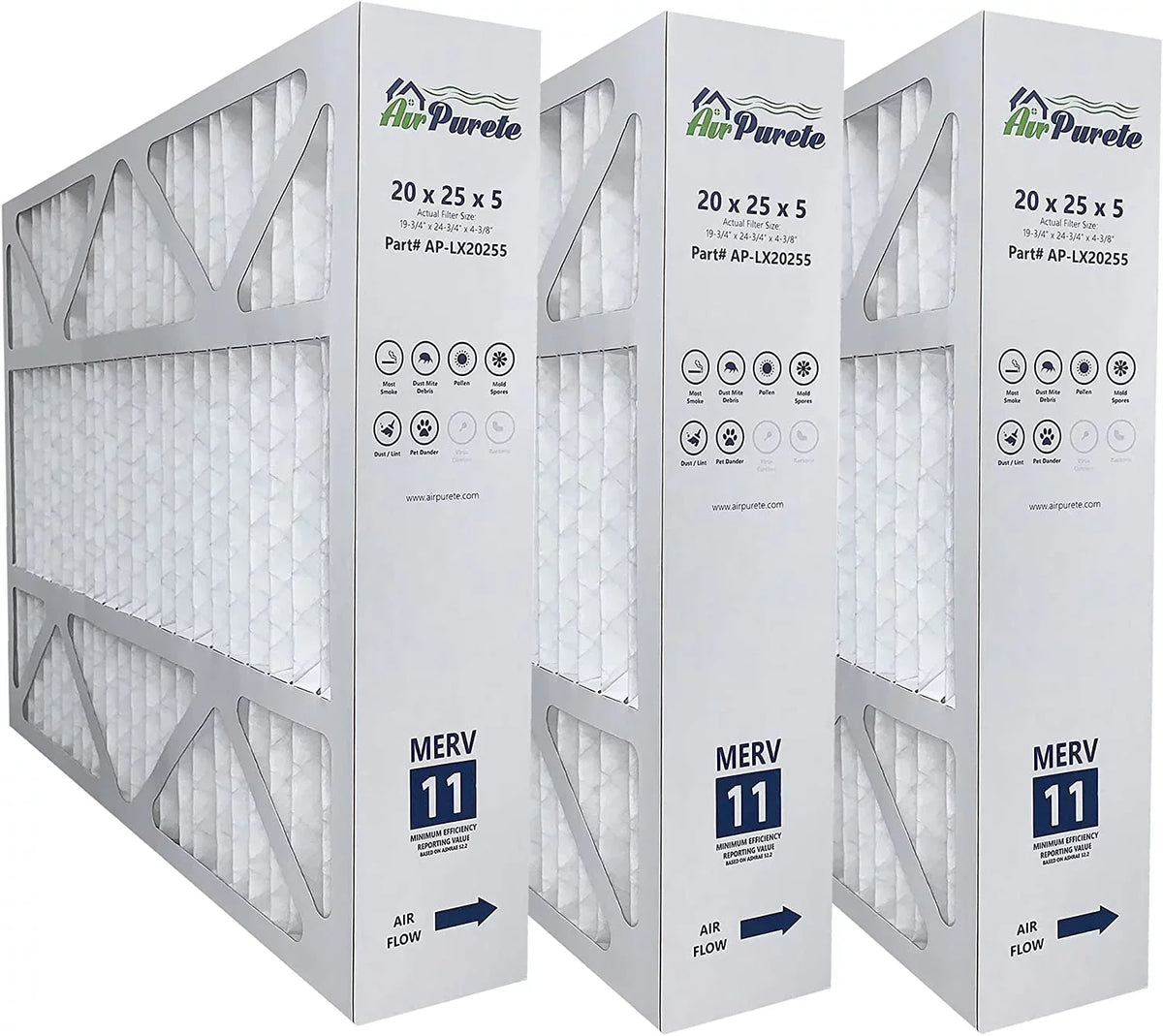 20x25x5 (Actual Size: 19-3/4" x 24-3/4" x 4-3/8"), Pleated HVAC AC/Furnace Air Filters | Replacement for Honeywell FC100A1037, Lennox X6673, Carrier, & Bryant | MERV 11 | Pack of 3