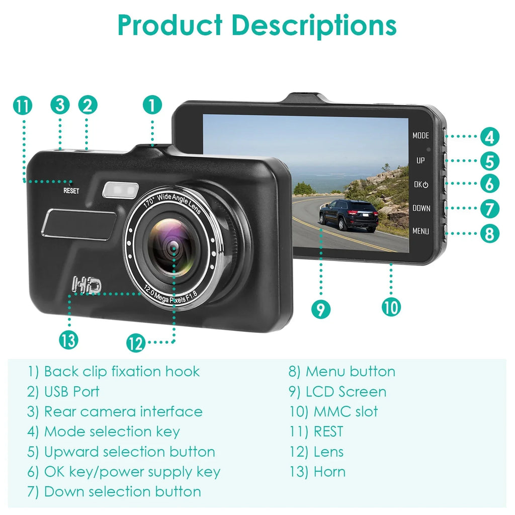 Front and Rear 1080P Dashcams for Cars iMounTEK Dual Dash Cam with 4in Touch IPS Display Car Camera Driving Recorder for Taxi