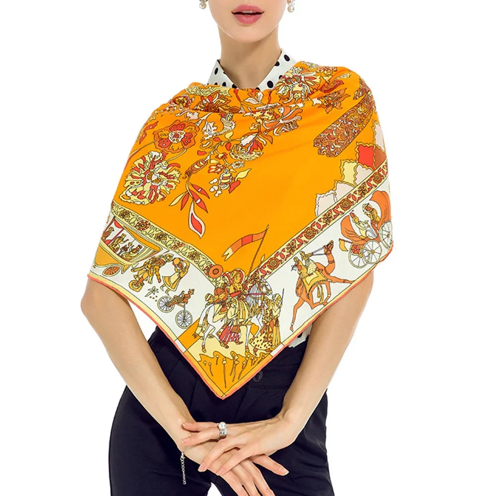 Orange Square Shawl Silk Feeling Polyester Scarfs Cotton For Womens