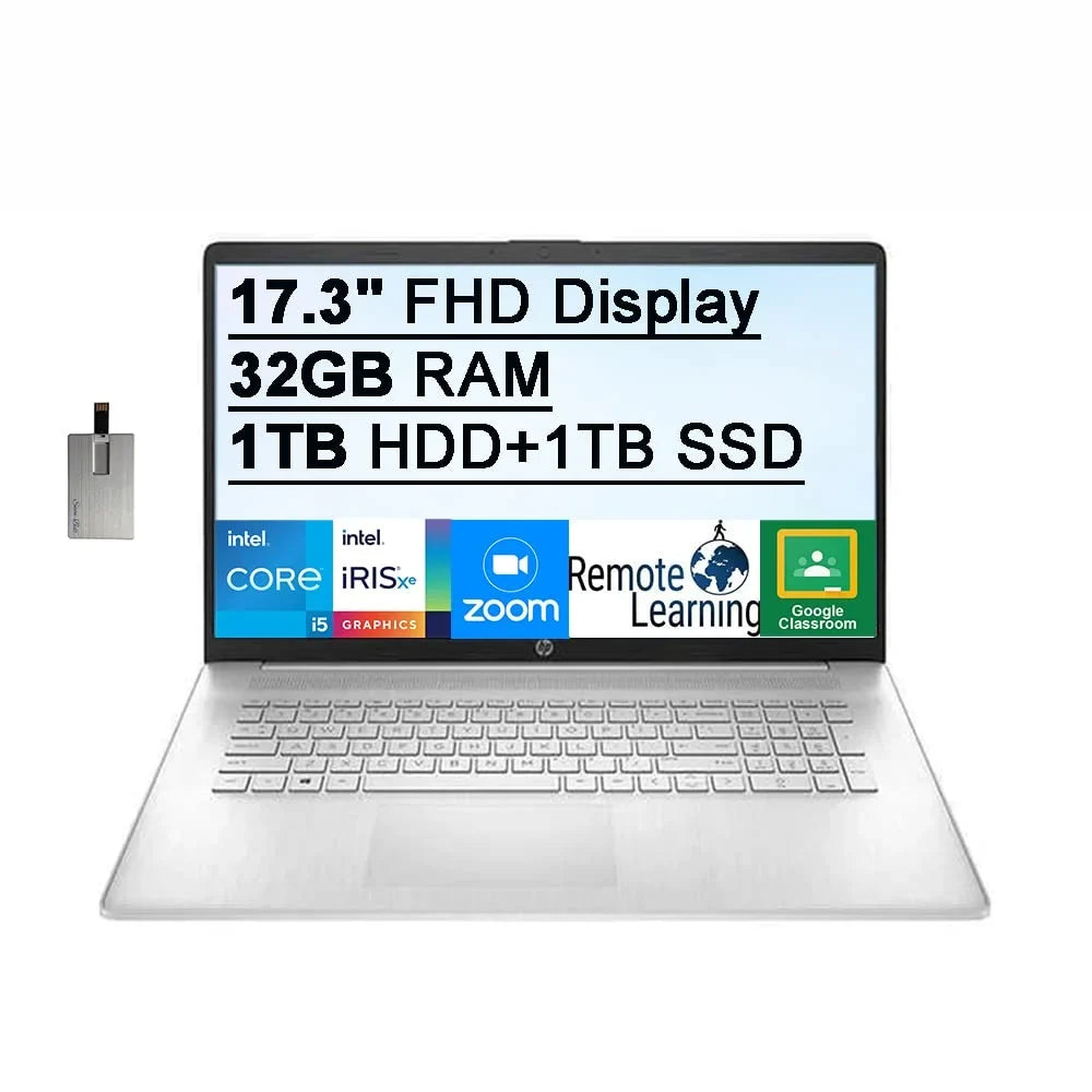 2021 17.3" FHD IPS 250 Nits Mobile pc Computer, Core i5-1155G7 Processor, 32GB RAM, 1TB HDD+ 1TB SSD, Backlit Keyboard, Iris Xe Graphics, HD Webcam, HD Audio, Win11, Silver, 32GB USB Card