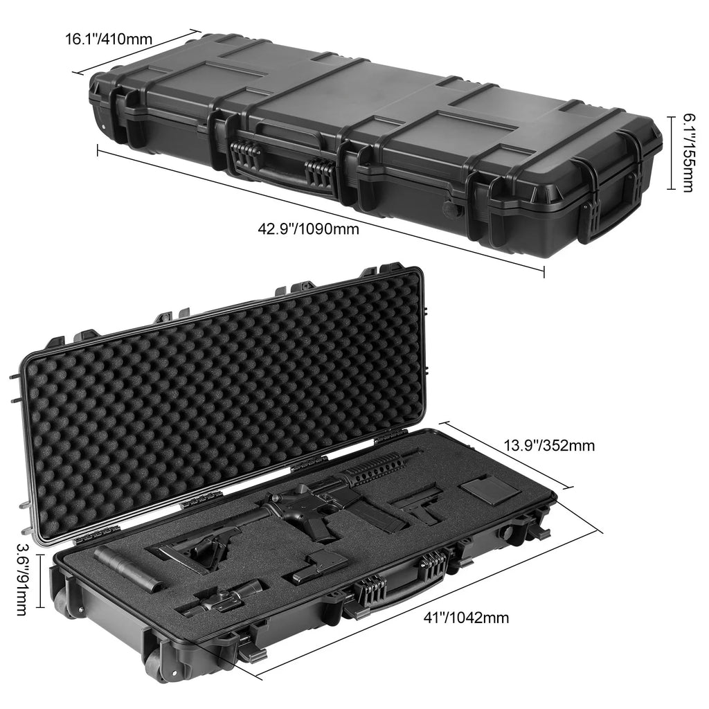 SKYSHALO Rifle Case, Rifle Hard Case with 3 Layers Fully-protective Foams, 42 inch lockable Hard Gun Case with Wheels, IP67 Liquid & Crushproof, for Two Rifles or Shotguns, Airsoft Gun