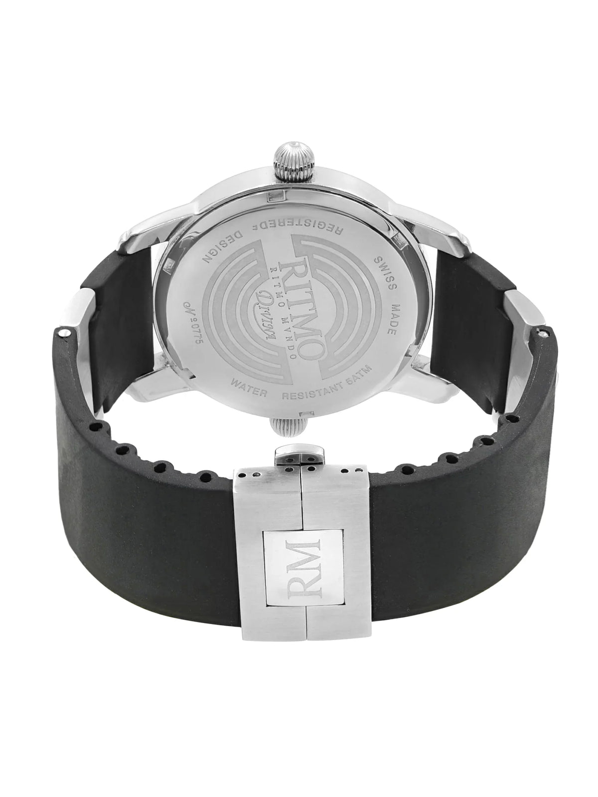 Pre-Owned Ritmo Mundo Black Forum Divina Dual Time Steel Rubber Swiss Quartz Watch 121 (Good)