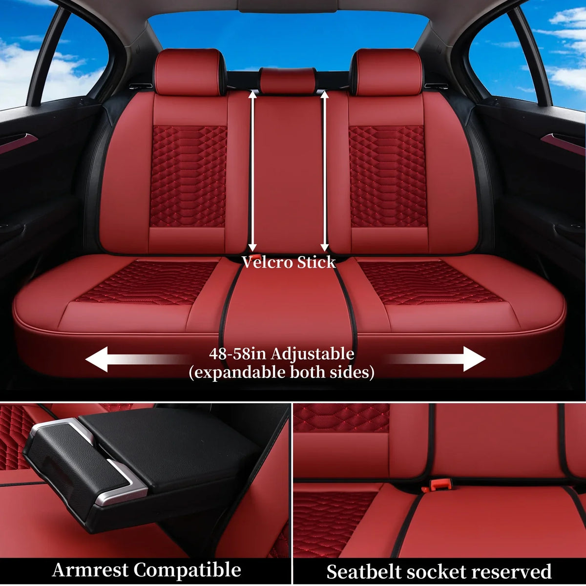 Coverado Red Car Seat Covers for Women, 5 Seats Leather & Fabric Full Set Front Back Auto Seat Protectors, Breathable Car Interior Universal Fit Most Sedans SUV Pickup Trucks