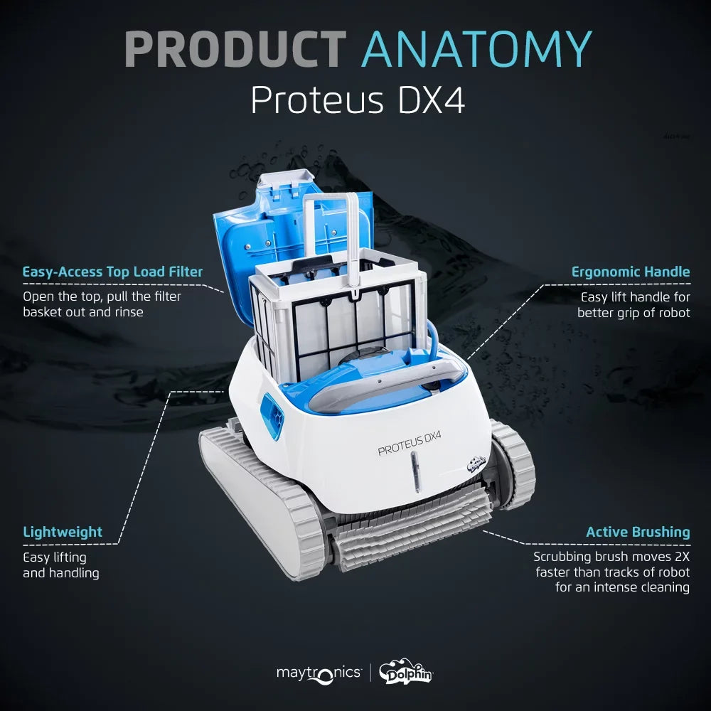 Dolphin Proteus DX4 Robotic Pool Vacuum Cleaner — Wall Climbing Capability — Powerful Fluid Scrubbing — Ideal for All Pool Types up to 50 FT in Length