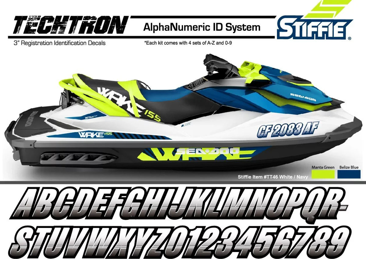 STIFFIE Techtron Yellow/Navy 3" Alpha-Numeric Identification Custom Kit Registration Numbers & Letters Marine Stickers Decals for Boats & Personal Liquid PWC