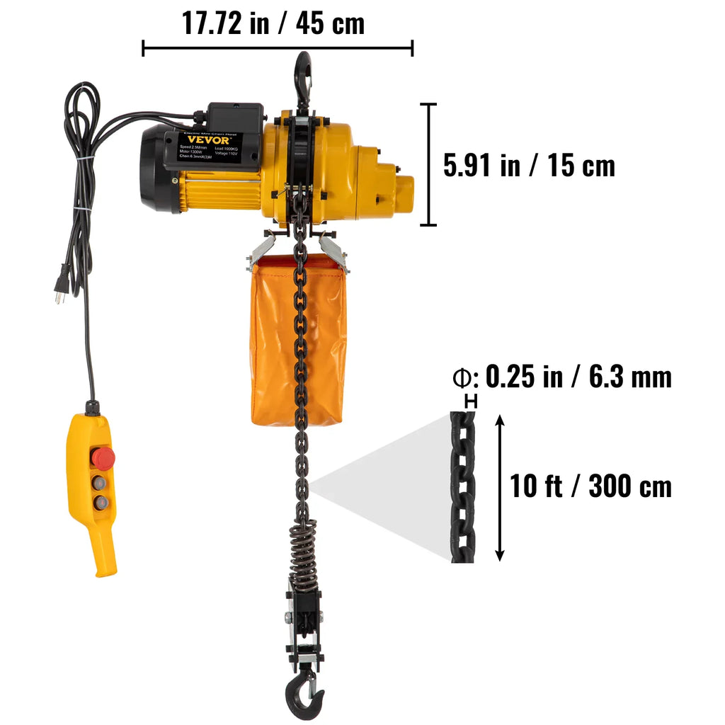 VEVOR Lift Electric Hoist, 2200 lbs Electric Winch w/ 10ft Wired Remote Control, 110V Overhead Crane Garage Ceiling Pulley Winch of 10ft Lift Height, Second-hand In Factories, Warehouses, Construction