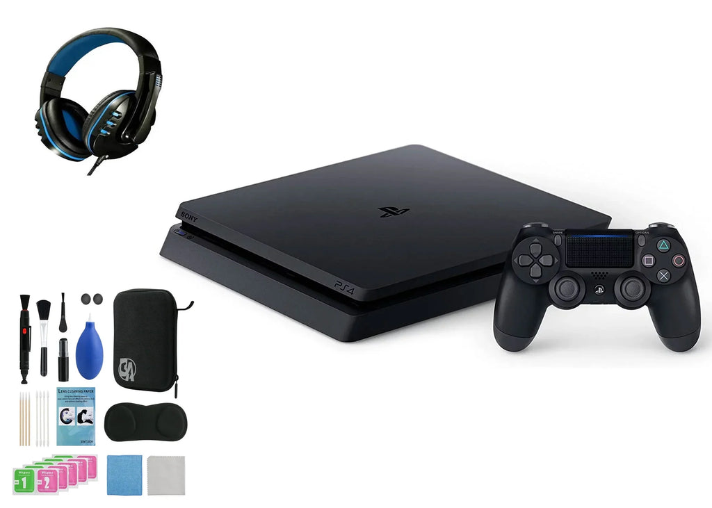 2215B PlayStation 4 Slim 1TB Gaming Console Black, Headset With BOLT AXTION Cleaning Kit Bundle Like New