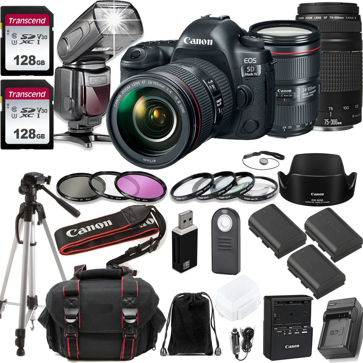 EOS 5D Mark IV DSLR Camera w/EF 24-105MM F/4 L is II USM Zoom Lens + EF 75-300mm f/4-5.6 III Lens + 2pc Transcend 128GB Memory Cards + Professional Kit