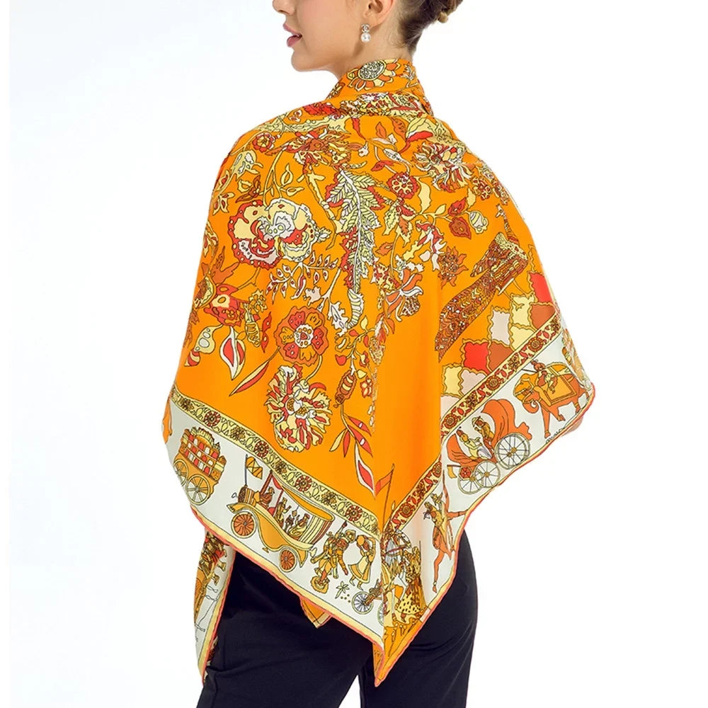 Orange Square Shawl Silk Feeling Polyester Scarfs Cotton For Womens
