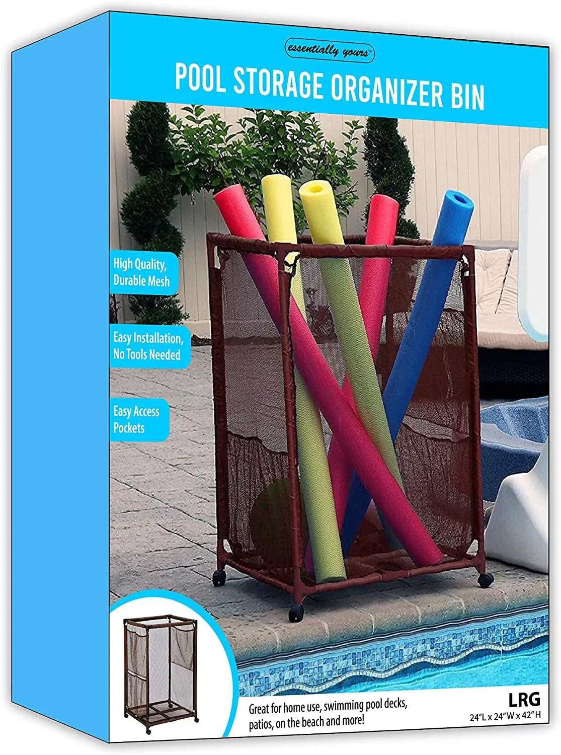 Essentially Yours Pool Floats, Balls, Toys and Equipment Rolling Mesh Organizer Storage Bin, Large, (35" W x 25.4" L x 37.5" H), (Brown), Style 455102