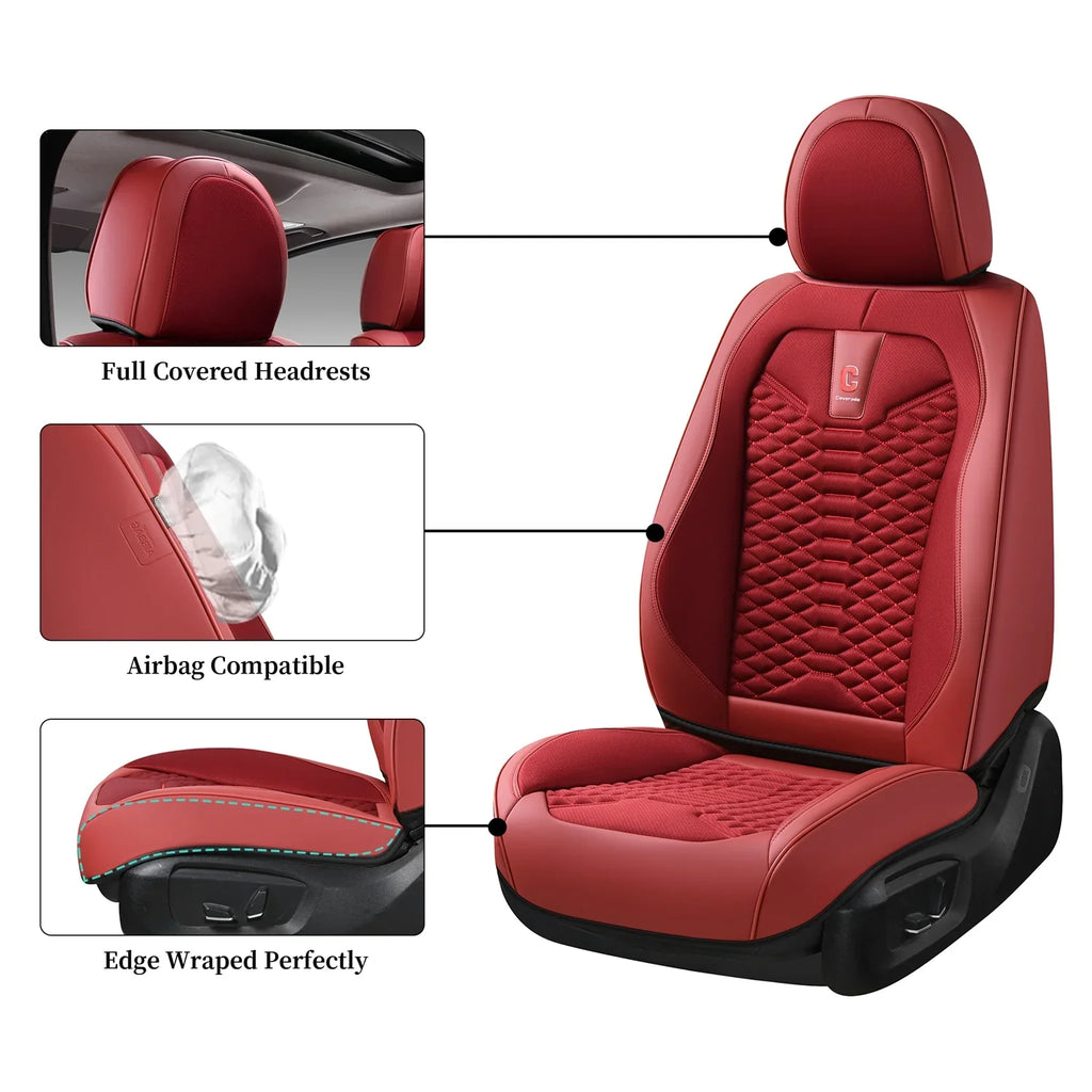 Coverado Red Car Seat Covers for Women, 5 Seats Leather & Fabric Full Set Front Back Auto Seat Protectors, Breathable Car Interior Universal Fit Most Sedans SUV Pickup Trucks