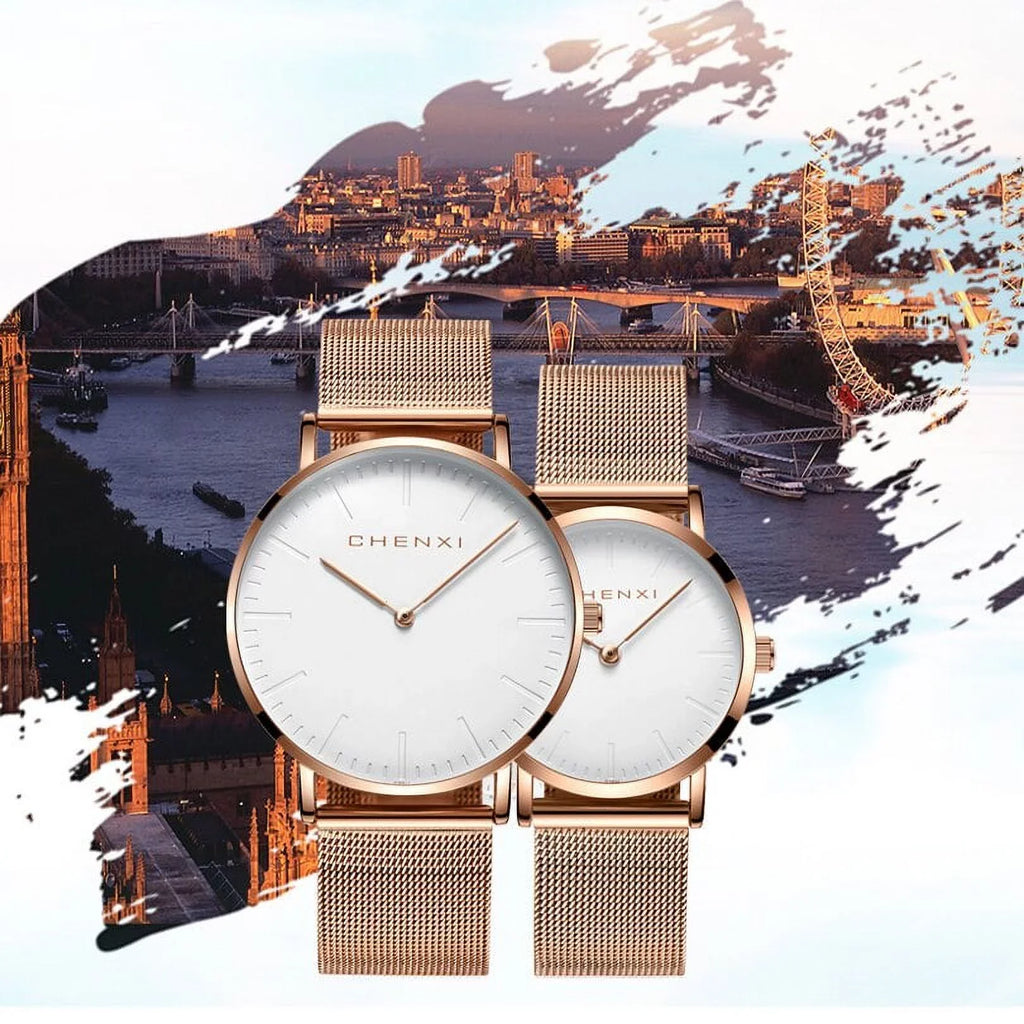 CHENXI Fashion Rose gold Lover Watches Men Fluid Ultra thin Quartz Watch Top Luxury Brand Woman Elegant Dress Ladies Watch