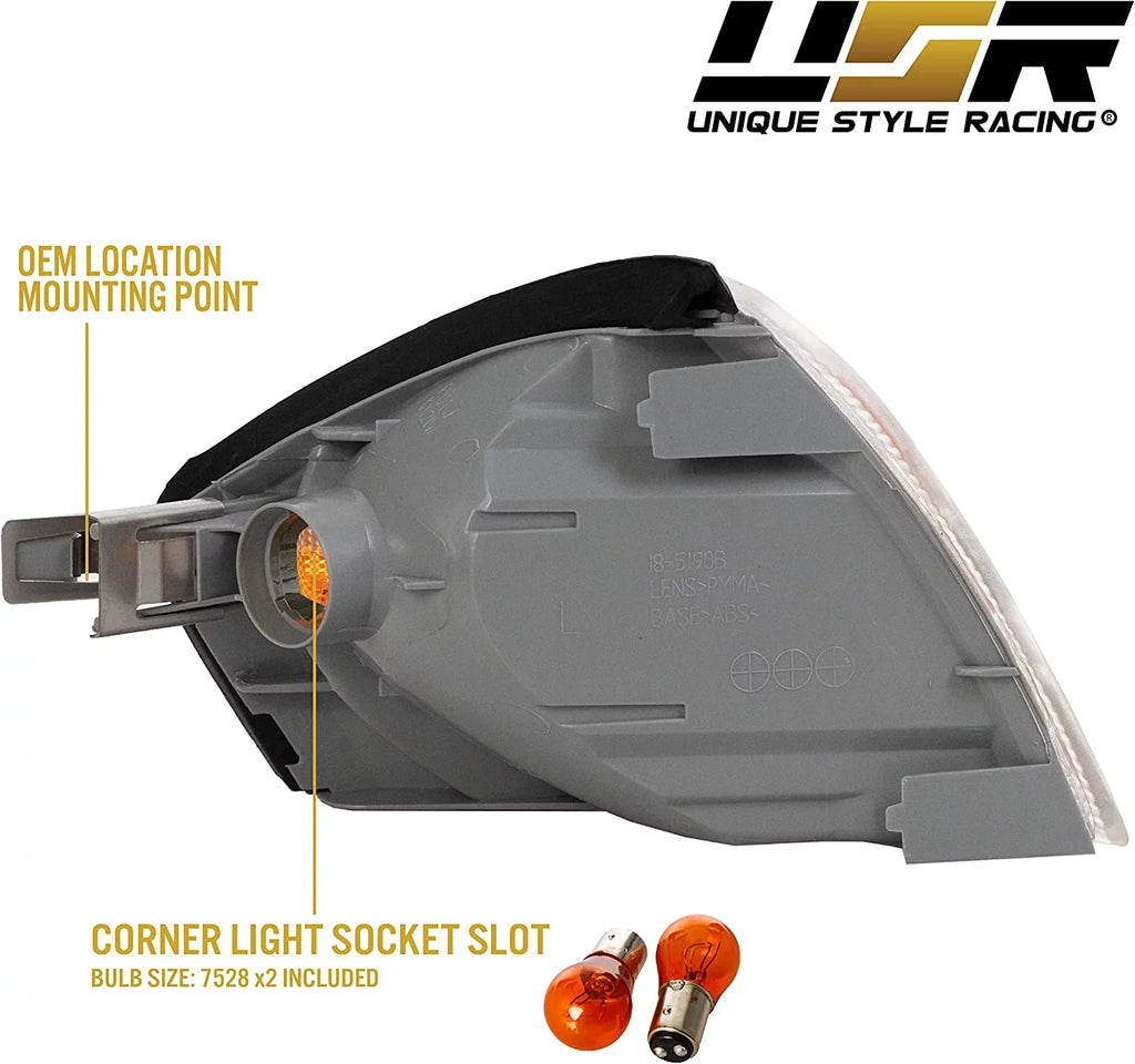 USR MBZ R129 Corner Lights - Replacement Amber / Clear Frost Lens Front Turn Signal Lamps Set (Left + Right) Compatible with 1990-2002 Mercedes Benz R129 Chassis SL Class Roadster