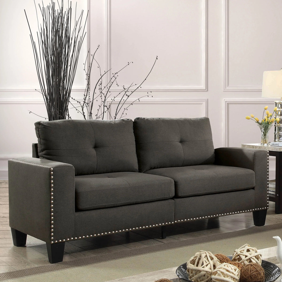 Furniture of America Contemporary Faux Linen Redford Sofa, Gray