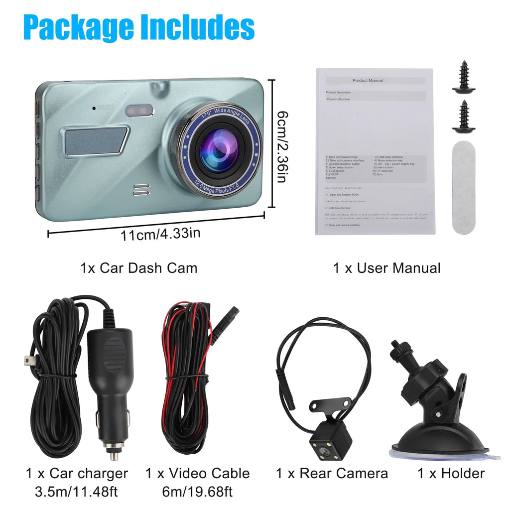 4 Inch Dash Cam 1080P FHD DVR Car Driving Recorder - Touch LCD Monitor 170° Wide Angle, G-Sensor, Front and Rear Camera (Sky Blue)