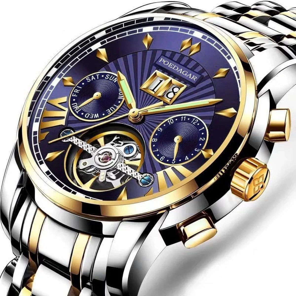 POEDAGAR Men Watch Top Brand Luxury Automatic Mechanical Watches Liquid Luminous Business Stainless Stain Men's Wristwatch