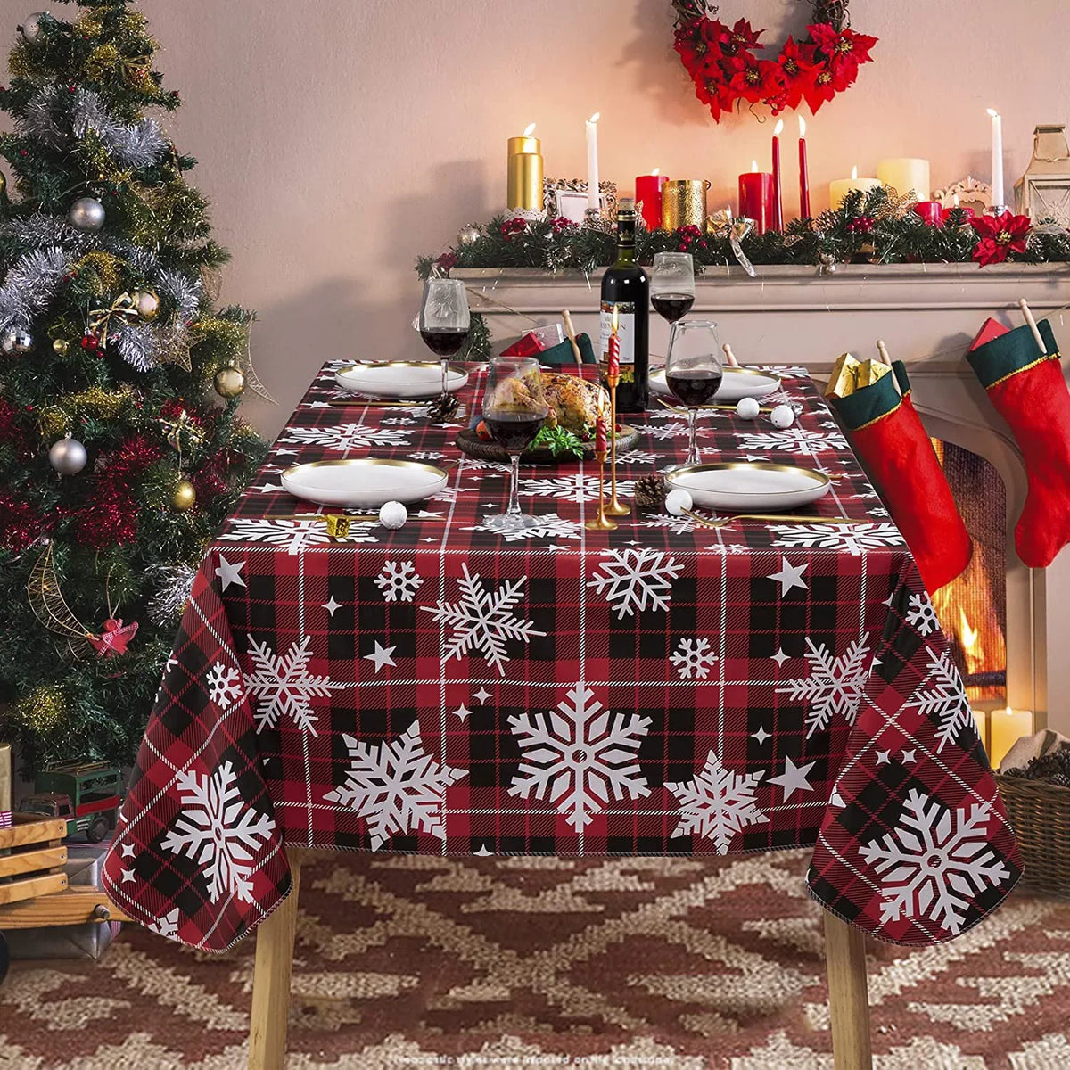 UMINEUX Christmas Tablecloth with Flannel Backing, Liquid Wipeable Vinyl Rectangle Table Cover for Xmas Parties/Wedding/Holiday/Decoration Use - Heavy Duty Table Cover(60x102 Inch, Snowflake)