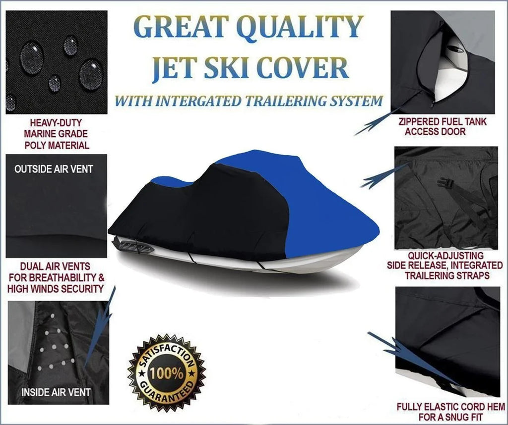 BLACK / BLUE HEAVY-DUTY Cover Compatible for KAWASAKI STX-15F 2018 2019 2020 Jet Ski Cover PWC Jet Ski Trailerable Cover