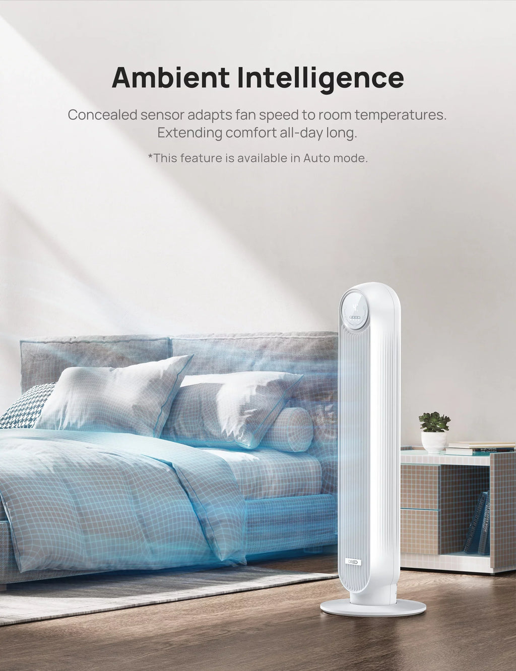 Dreo Tower Fan, Quiet Smart WiFi Fan with Remote, 90° Oscillating, Voice Control, 4 Modes, 4 Speeds, 8H Timer，white