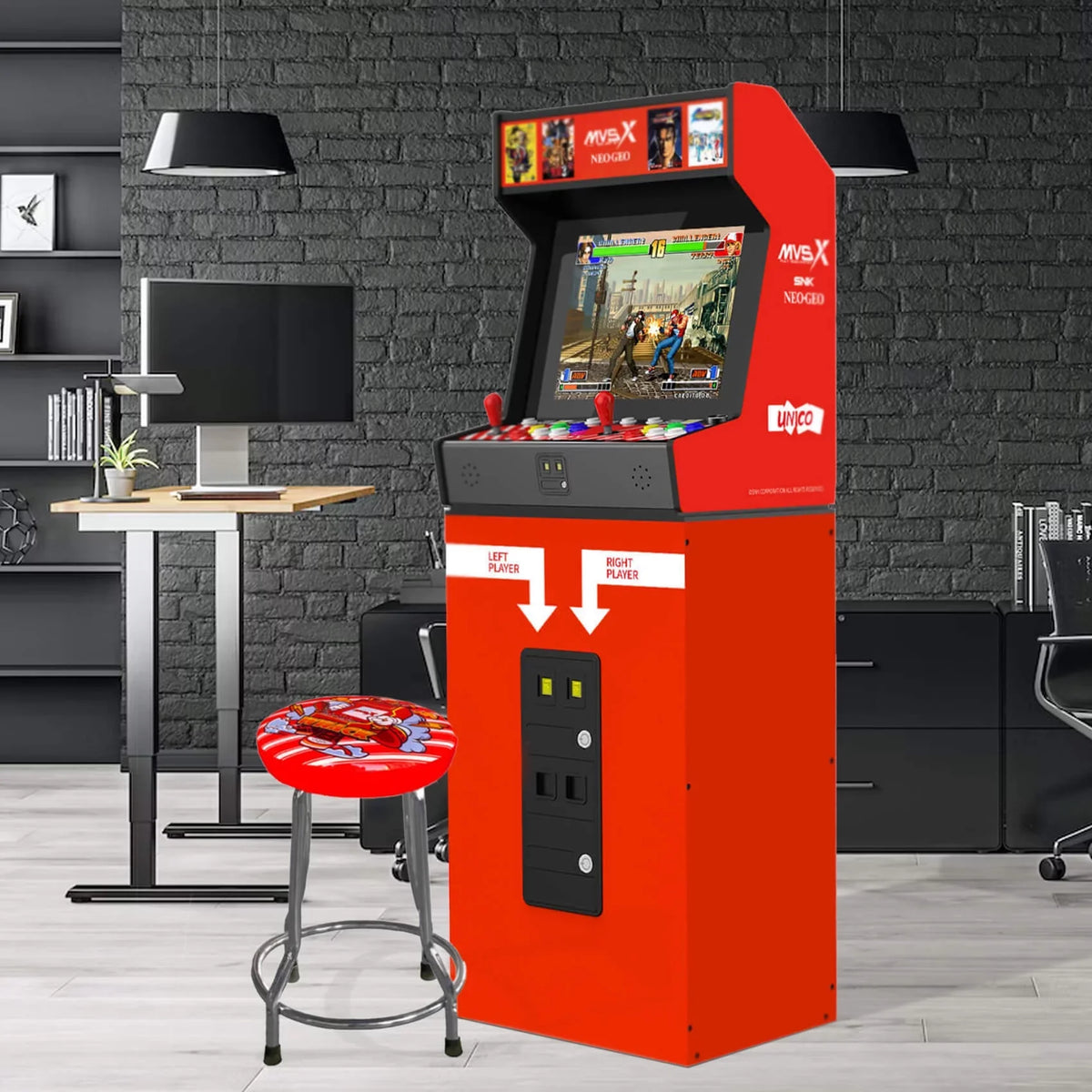Unico SNK NEOGEO MVSX Arcade with Base and Stool Set, Pre-loaded 50 SNK Official Genuine Retro Games, Support Two Players Fight Together by 2 Joysticks
