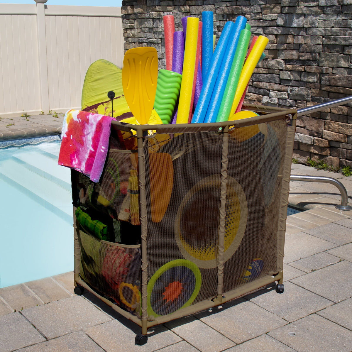 Essentially Yours Pool Floats, Balls, Toys and Equipment Rolling Mesh Organizer Storage Bin, Large, (35" W x 25.4" L x 37.5" H), (Brown), Style 455102