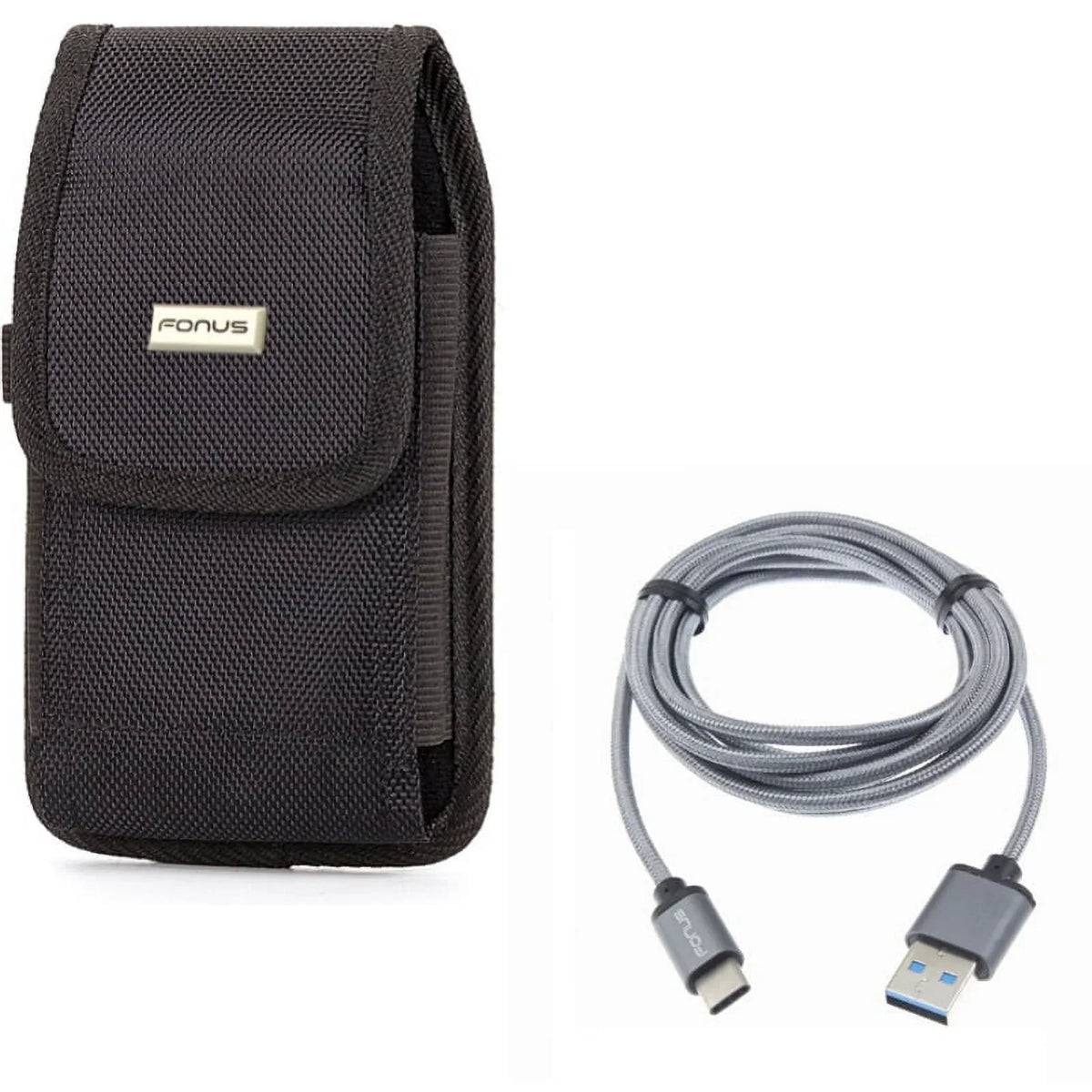 Rugged Case Belt Holster w Gray Sturdy Braided 10ft Long Type-C Cable Rapid Charge USB Wire Sync P6Q for Blackberry Motion - BLU G9, Vivo XI Plus - Coolpad Legacy - Google Pixel XL 3a XL 3 XL
