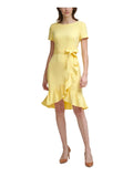 CALVIN KLEIN Womens Yellow Stretch Zippered Ruffled Tulip Hem Scuba Crepe Tie Sash Short Sleeve Round Neck Knee Length Party Sheath Dress Petites 0P