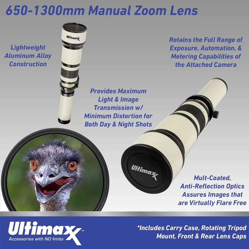 Ultimaxx 650 to 1300mm (with 2X- 1300-2600mm) f/8 Manual Telephoto Lens for F-Mount Cameras & More
