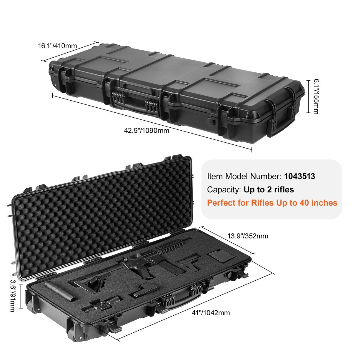 SKYSHALO Rifle Case, Rifle Hard Case with 3 Layers Fully-protective Foams, 42 inch lockable Hard Gun Case with Wheels, IP67 Liquid & Crushproof, for Two Rifles or Shotguns, Airsoft Gun