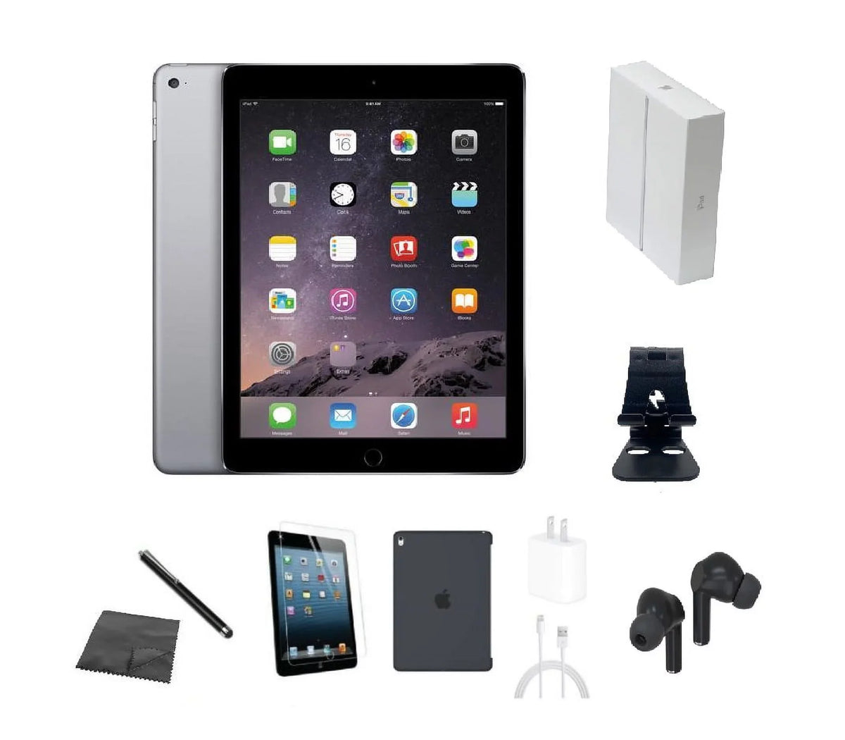 Restored iPad Air 2 A1566 (WiFi) 16GB Space Gray Bundle w/ Case, Box, Bluetooth Earbuds, Tempered Glass, Stylus, Stand, Charger (Refurbished)