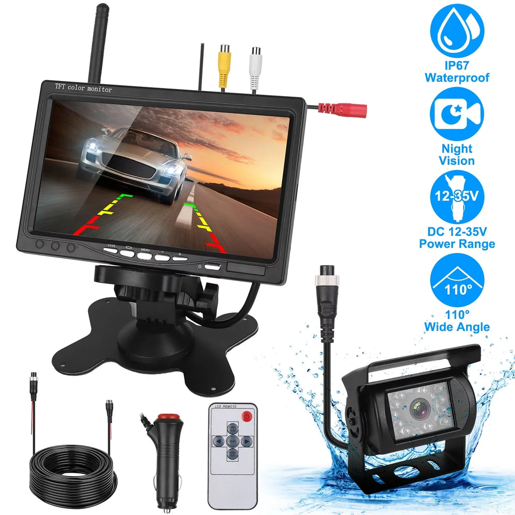 iMounTEK Wireless Backup Camera System Vehicle Rear View Monitor Kit IP67 Fluid Car Parking Reverse System with 7In Monitor Night Vision 2.4G Stable Signal for Car Trunk Van SUV