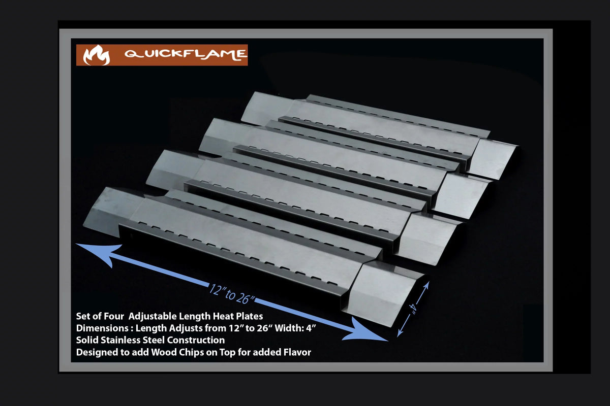 Set of 4 Adjustable Stainless Steel Heat Plates, Vaporizer Bars for Grill King, Aussie, Charmglow, Brinkmann, Uniflame, Lowes Model Grills, Expands from 12" to 26" L