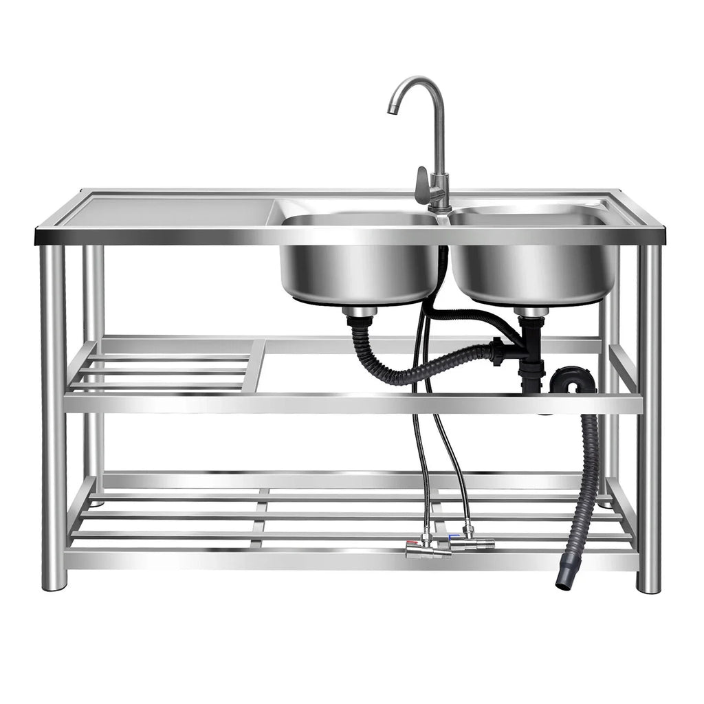Commercial Kitchen Utility Sink w/ Drainboard 304 Stainless Steel Catering Prep Home Sink Bowl Kitchen 2 Bowls Catering Prep Table w/Faucet Sink Bowl Kitchen 2 Bowls Catering Prep Table +Shelf