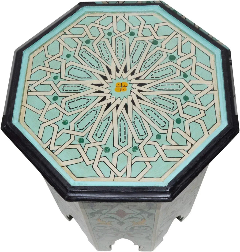RUNFAYBIU Moroccan Handmade Wood Table Side Delicate Painted Exquisite Aqua